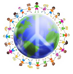 children holding hands around peace world 