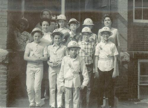 Centennial Elementary Safety Patrol, 1967. Principal Euleta Bowden is shown at the far right, and Safety Patrol sponsor and 6 
