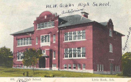 Postcard of M.W. Gibbs High School (date unknown). Individual rooms were labeled by sender. Top floor: auditorium. Second floor: senior class, library, junior class (my room). First floor: freshmen (1st division), freshmen (2nd division). Ground floor: sewing room, boys workshop.