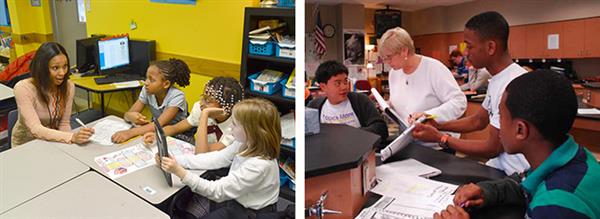 2 Pictures of students at desk with teacher 