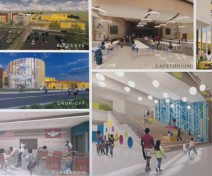  Collage of architectural renderings of new McClellan HS
